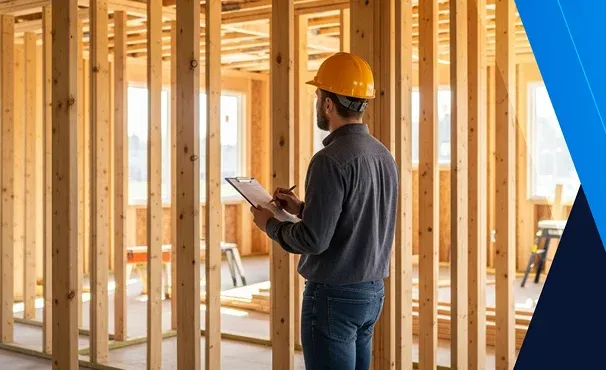 Estimator with a tablet walking a newly framed house