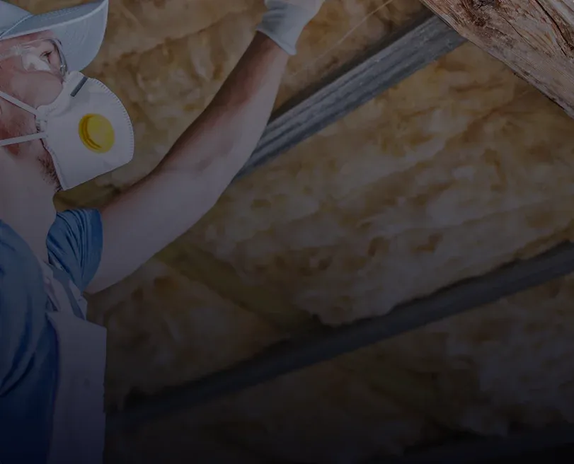Installer in a respirator fitting insulation between attic rafters