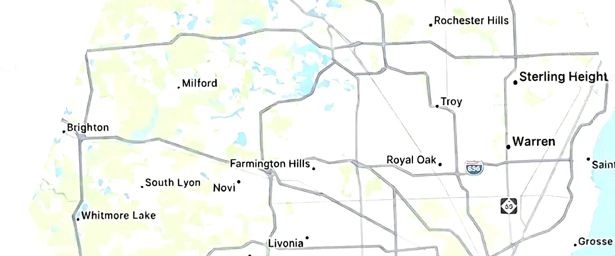 Map of Metro Detroit showing Fill It Insulation's service area across Oakland, Wayne and Macomb counties